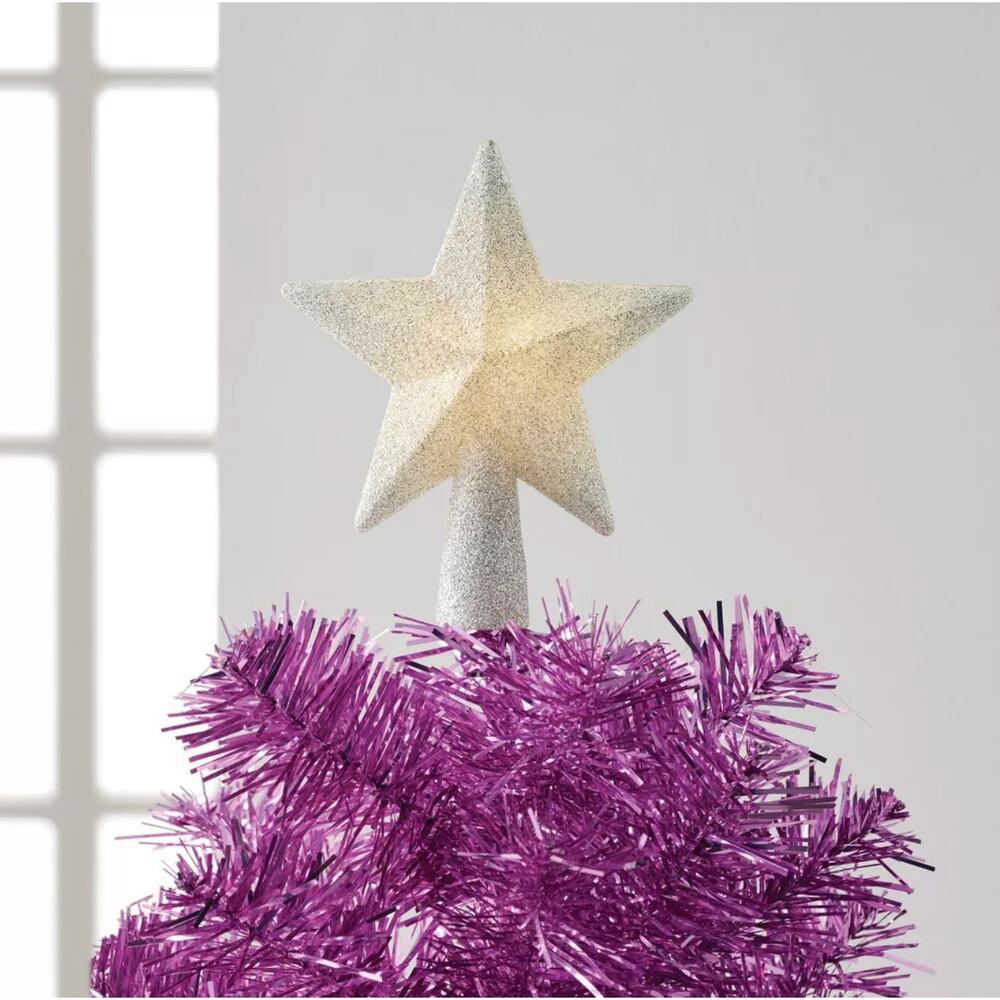 Mini Glitter Silver Star Light Up Christmas Tree Topper LED 4.7" Lit Holiday Dec